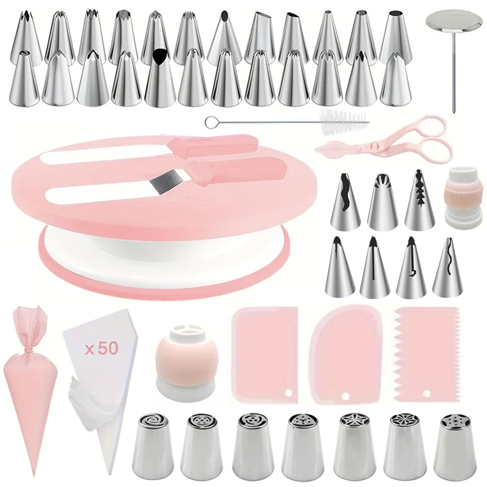 Cake Decorating Turntable - ชุดตกแต่งเค้ก 100 ชิ้น, ชุดอุปกรณ์อบขนมครบชุดพร้อมจานหมุน, หัวบีบครีม, ไม้พาย,