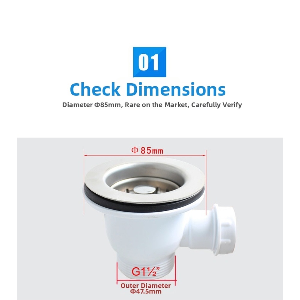 Stainless Steel Strainer - ท่อระบายน้ำอ่างล้างจานสแตนเลสขนาด 85 มม. พร้อมท่อระบายน้ำแบบมีโอเวอร์โฟลว์ ชุดท่อระบายน้ำสำหรับอ่างล้างจานในครัวและห้องน้ำ