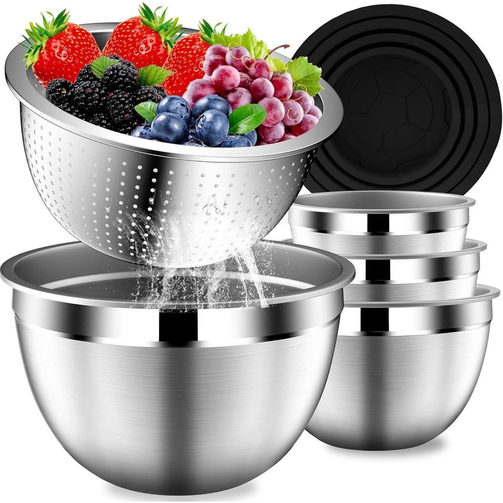 Stainless Steel Strainer - ชุดชามผสมพร้อมฝาปิด, ชามผสมสแตนเลสมีสีสัน, ชุดชามผสมพร้อมกระชอน, ชุดชามเสิร์ฟสำหรับครัว, ชุดอุปกรณ์ครัว